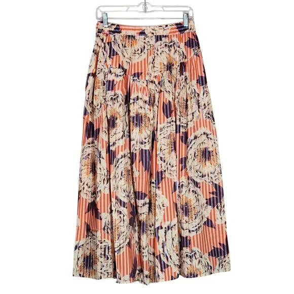 Anthropologie Stripe Floral Button Front A-Line Midi Skirt Cotton Red Blue S - Picture 8 of 15